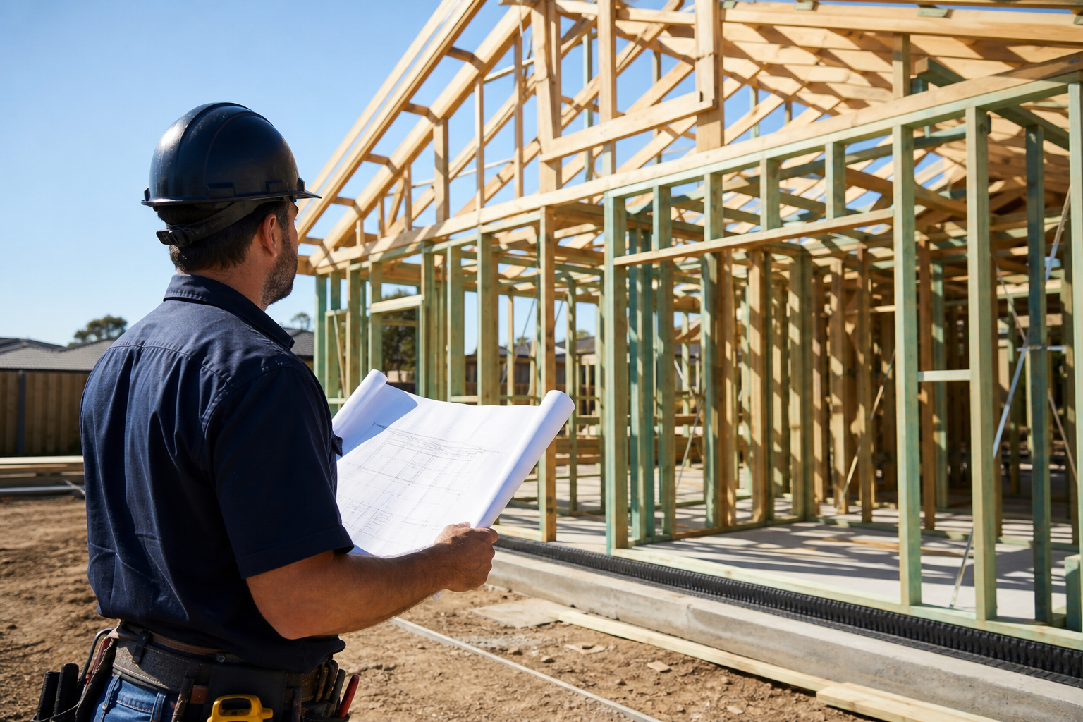Builder reviewing drawings beside timber frame construction